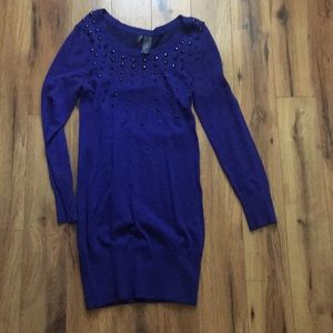 Blue sweater dress with black beading